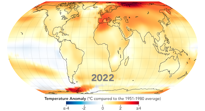 Temperature anomale del 2022 comparate con il periodo 1950-1980. Fonte: NASA